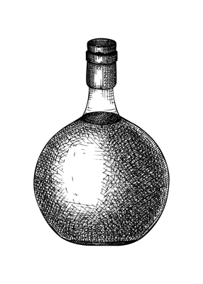 Hand-sketched brandy bottle illustration. Vector sketch of alcoholic drink in a glassware. Alcohol beverage bottle hand-drawing isolated on white